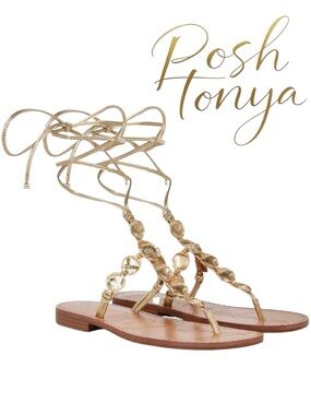 Sam Edelman Deirdre Gold Ankle Wrap Thong Sandals Size 5 Boho Resort Festival